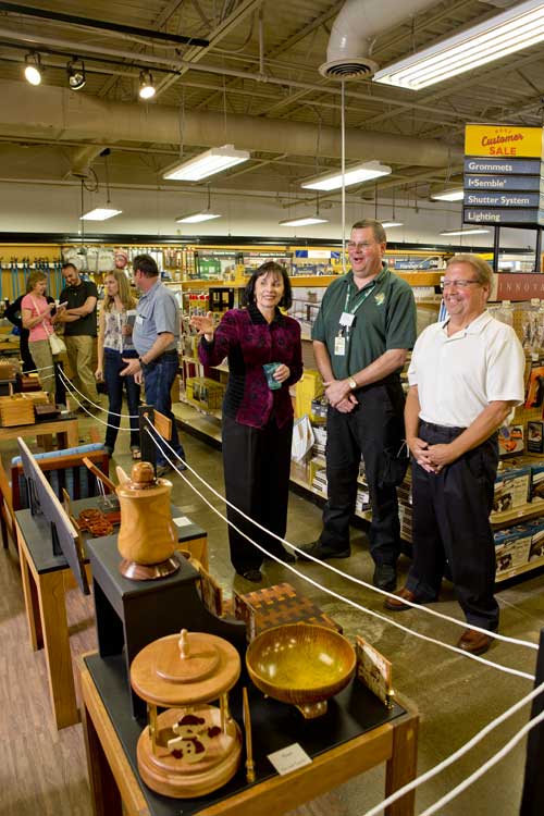 Rue Ann Flanders (left) and Paul Haag (right) from the Rockler Indianapolis store with contest entrant Mark Hensley