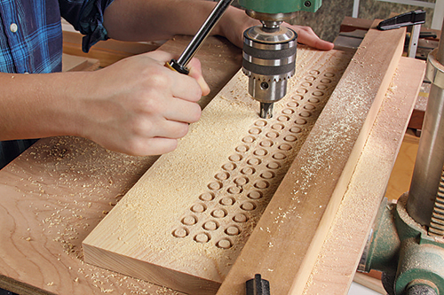 Using drill press to cut out wooden hole plugs
