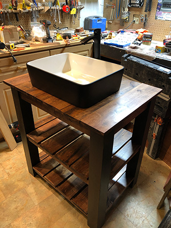 Bathroom vanity parts in a workshop