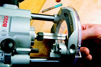 Bosch’s proprietary notched template guides and locking collar fit its new Colt plunge base.