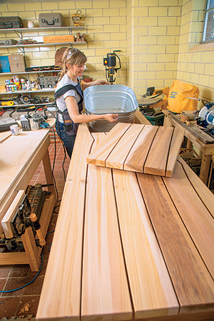 Installing galvanized steel tub in cedar potting bench