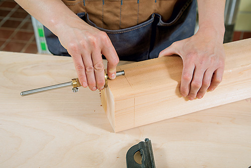 Marking areas on cedar bench for cutting tenon