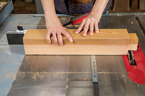 Cutting cedar planting bench tenons on table saw