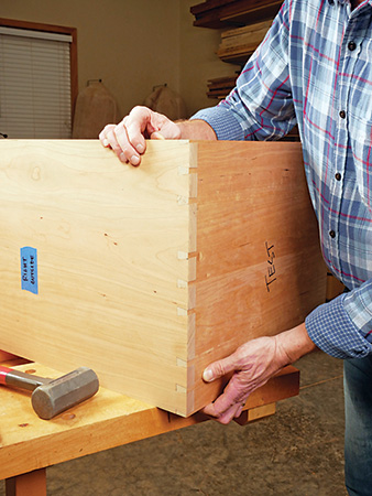 Dry fitting a test version of the dovetailed wine cabinet carcass