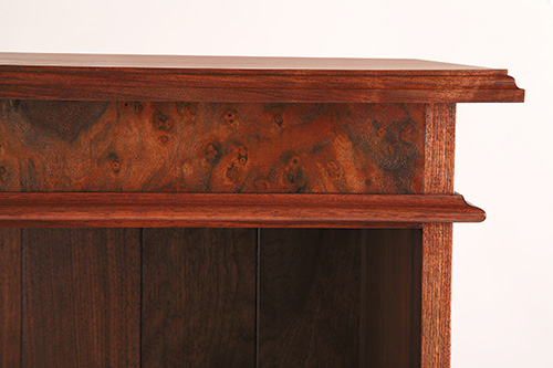 Close up of walnut burl veneer ironed onto bookcase project