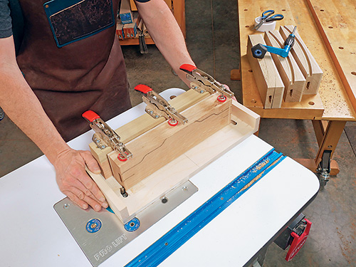 Adjusting router jig during cloud lift dining chair back rail cut