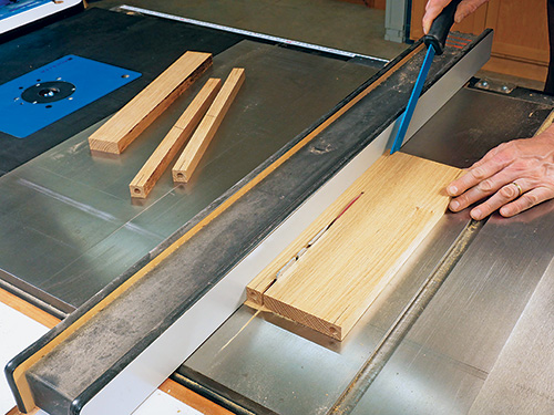 Cutting cloud lift dining chair bottom rails to width at table saw