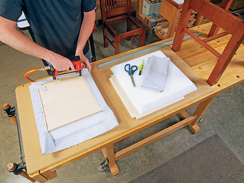 Building seat covering with foam and fabric for cloud lift dining chair