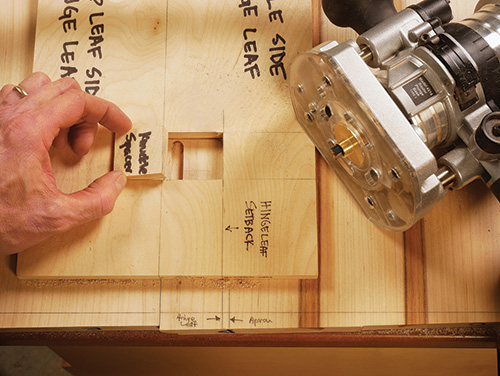 Marked spacer block for cutting drop-leaf table hinges with router