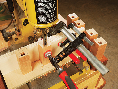 Cutting mortises with mortising machine for drop-leaf table legs
