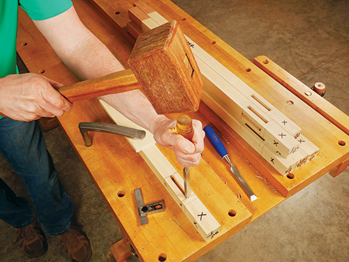 Chiseling mortises into drop-leaf table legs
