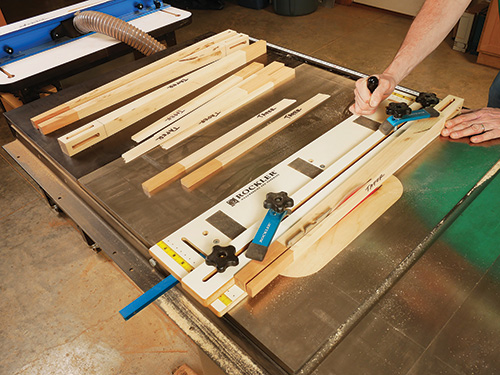 Cutting drop-leaf table legs on table saw with Rockler jig