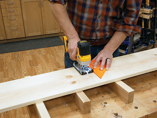 Using square to guide jigsaw cut for shelf parts