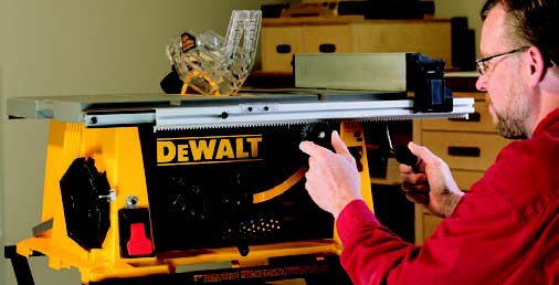Changing rip fence settings on the DW744X involves unlocking the fence rails and rolling them in or out on rack-and-pinion gears — the fence moves with the rails. The design proved accurate and sturdy in testing.