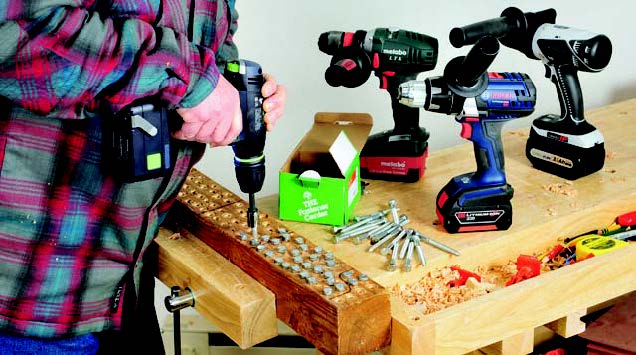 Each drill drove as many 5/16" lag bolts as possible on a single charge.