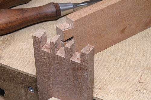 Final cut dovetail pins for serving tray frame