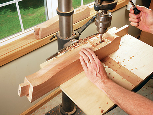 Drilling out mortises for garden bench front leg tenons