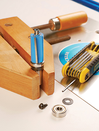 Close-up of Rockler flush trim bit with bearing removed