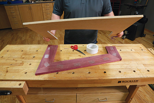 Taping shelf template to purpleheart blank
