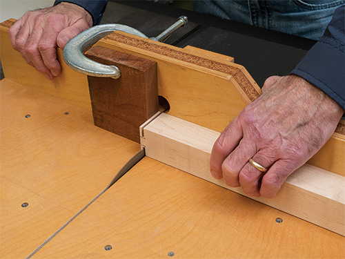 Using crosscut sled to shape bike rack rail tenon