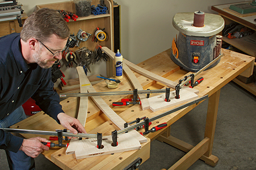 Clamping up mirror leg assembly during glue-up
