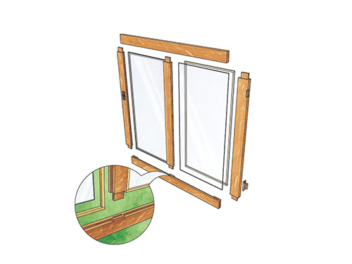 Drawing of door frame with glass panels