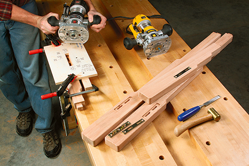 Using shop-made jig and router to mass produce mortise holes