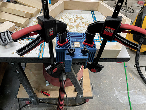 Cutting mortise in base of hexagonal table leg piece