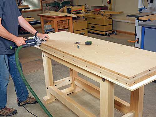 Cutting domino holes for installing edging on workbench