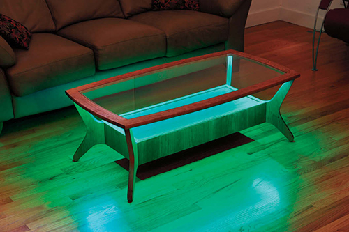The author fitted this table with LED lights that have many colors and settings.