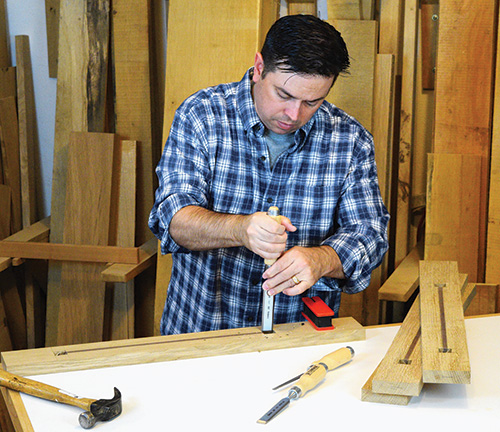 Chopping recess into leg inlays for Limbert hutch
