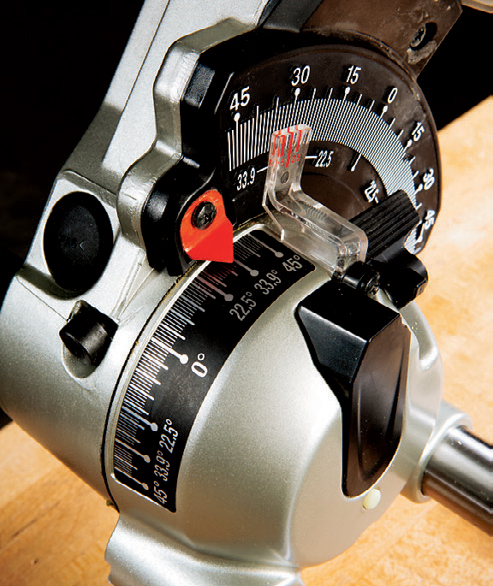 Overlapping bevel tilt scales are easier to read from in front of the saw without stooping over.