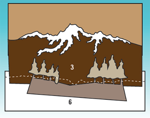 Tree marquetry applied over mountain drawing