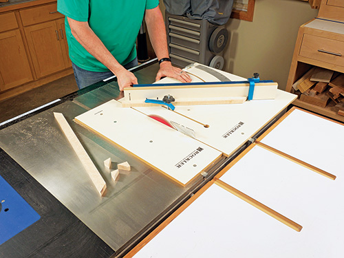 Using crosscut jig to cut miters for mirror frame