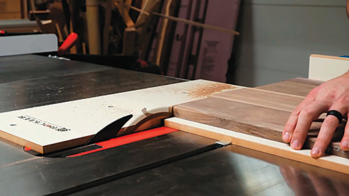 Using crosscut sled to cut parts for Mid-Century Modern dresser