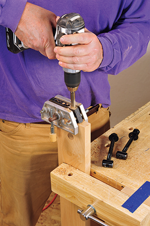 Cutting dowel holes for workbench stretchers