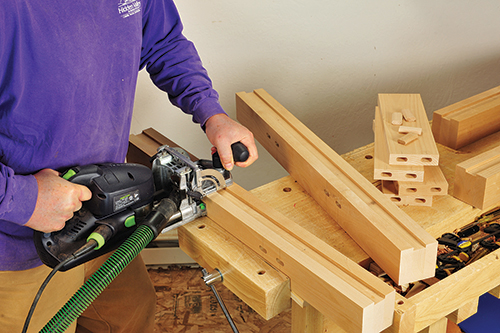 Making domino holes in workbench leg blanks