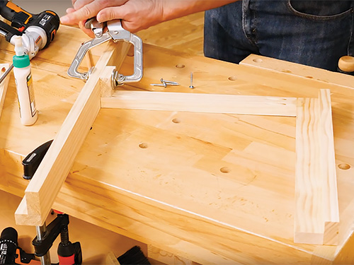 Clamping pine entry bench subassembly during glue-up
