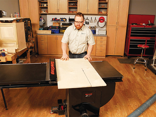 Cutting entry bench subassembly plywood on table saw