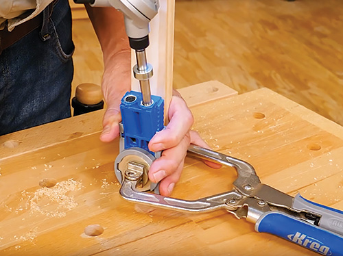 Using Kreg pocket-hole jig on entry bench leg assembly