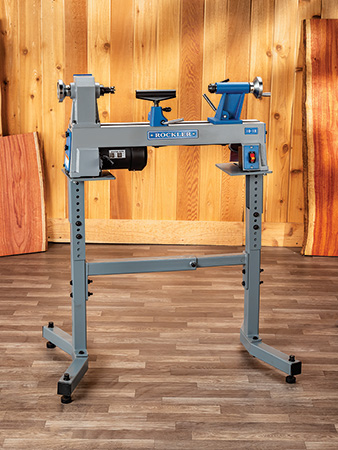 Rockler midi lathe mounted on a workshop stand