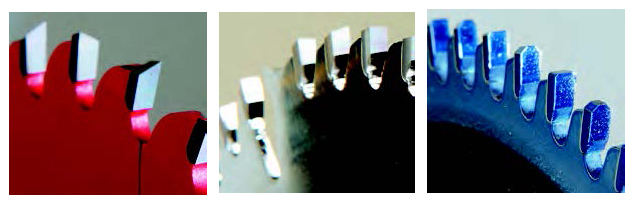 Blades are outfitted with three typical styles of teeth: alternating bevel-topped teeth (left), groups of beveled teeth followed by a flat-topped raker tooth (center) and triple-chip teeth (right) that may also be accompanied by flat-topped raker teeth.