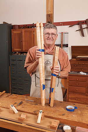 Taping chair legs together to drill out joint locations