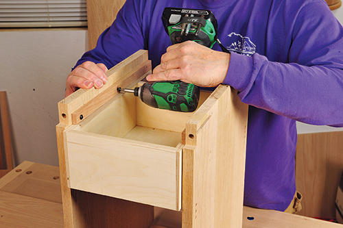Attaching drawer slides in storage bench carcass