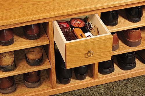 Storage bench with shelving for shoes and a small accessories drawer
