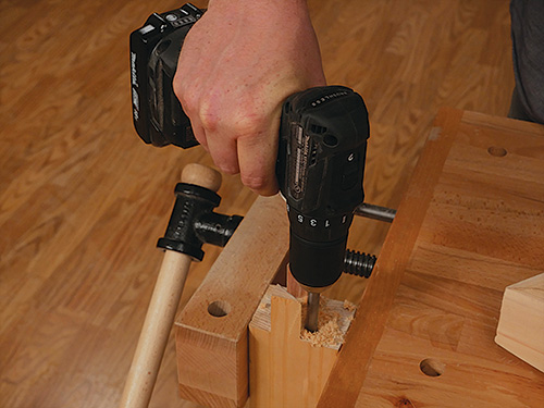 Drilling dowel holes in patio table leg