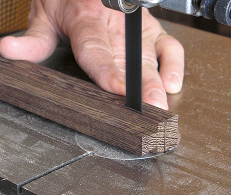 Trimming wenge keys with band saw