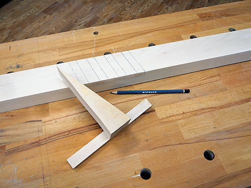 Close-up of dado marking tools and cut lines