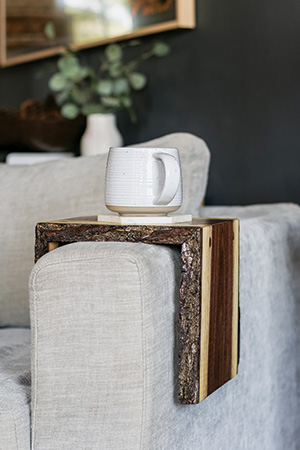 Front view of live edge walnut sofa table