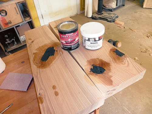 Filling holes in natural lumber with filler and dye